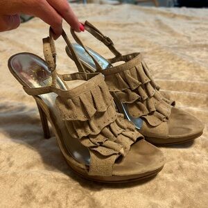 Tan leather beaded heels